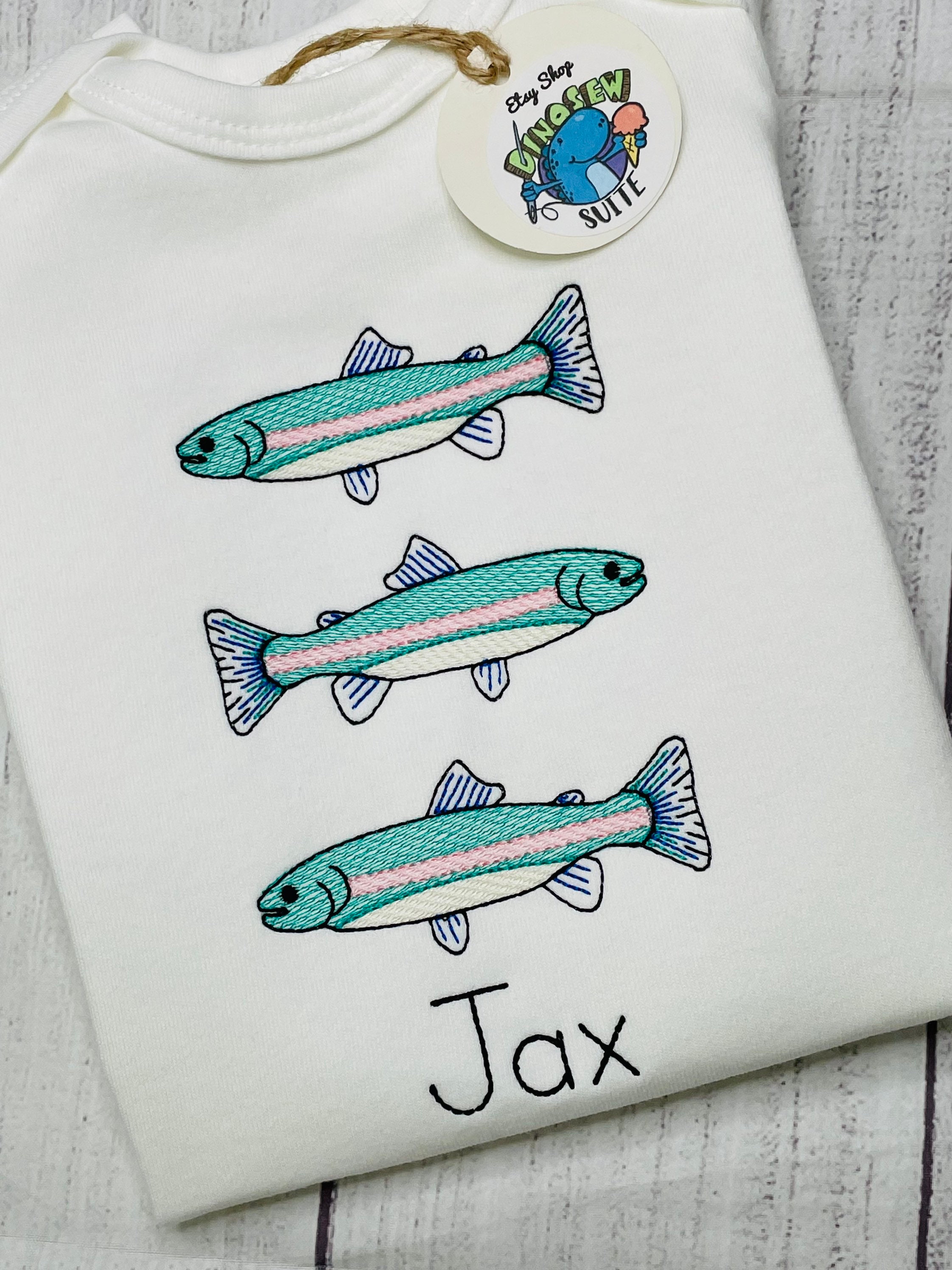 Embroidered Rainbow Trout Shirt,custom Trout Bubble,personalized Fish Trio  Romper,fishing Bodysuit,toddler Outfit,boy Fish Outfit 