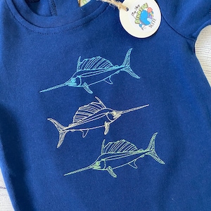 Embroidered Swordfish shirt,Fish bubble, Boy summer romper, Swordfish trio bodysuit,Toddler boy outfit,Vintage fish outfit