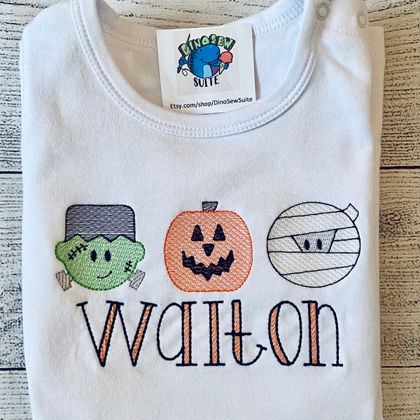 Embroidered Halloween shirt,Custom Halloween themed romper,Personalized Frankenstein, pumpkin & mummy romper,toddler,baby outfit