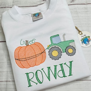 Embroidered Fall tractor shirt,Custom Pumpkin patch romper,Personalized Pumpkin tractor,tractor pulling Big pumpkin bubble,toddler fall fest