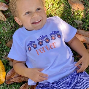 Embroidered monster truck shirt,Custom truck themed bubble,Personalized toddler boy romper,toddler,baby car outfit,Dirt truck trio outfit
