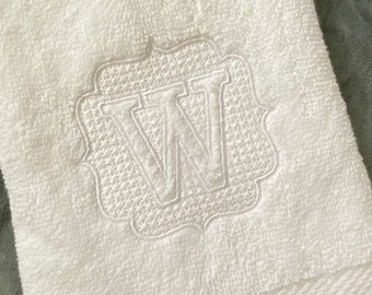 Monogrammed white bath towel, Embossed letter embroidered hand towel, monogrammed initial towel,personalized bath hand towel, housewarming