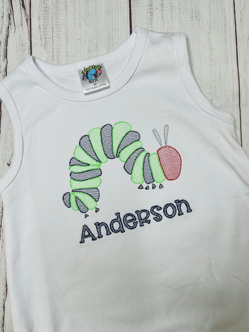 Embroidered Caterpillar shirt,Custom caterpillar romper,Personalized Bug bubble,Very hungry bodysuit,boy outfit,toddler,Bug themed shirt image 3