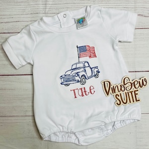Embroidered patriotic vintage truck shirt,4th of July bubble,American flag pick up truck romper,USA bodysuit,baby Flag outfit,toddler boy