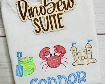 Embroidered beach shirt,Custom ocean themed bubble,Personalized sand toys, crab & sand castle vacation romper, Toddler boy Beach trip outfit