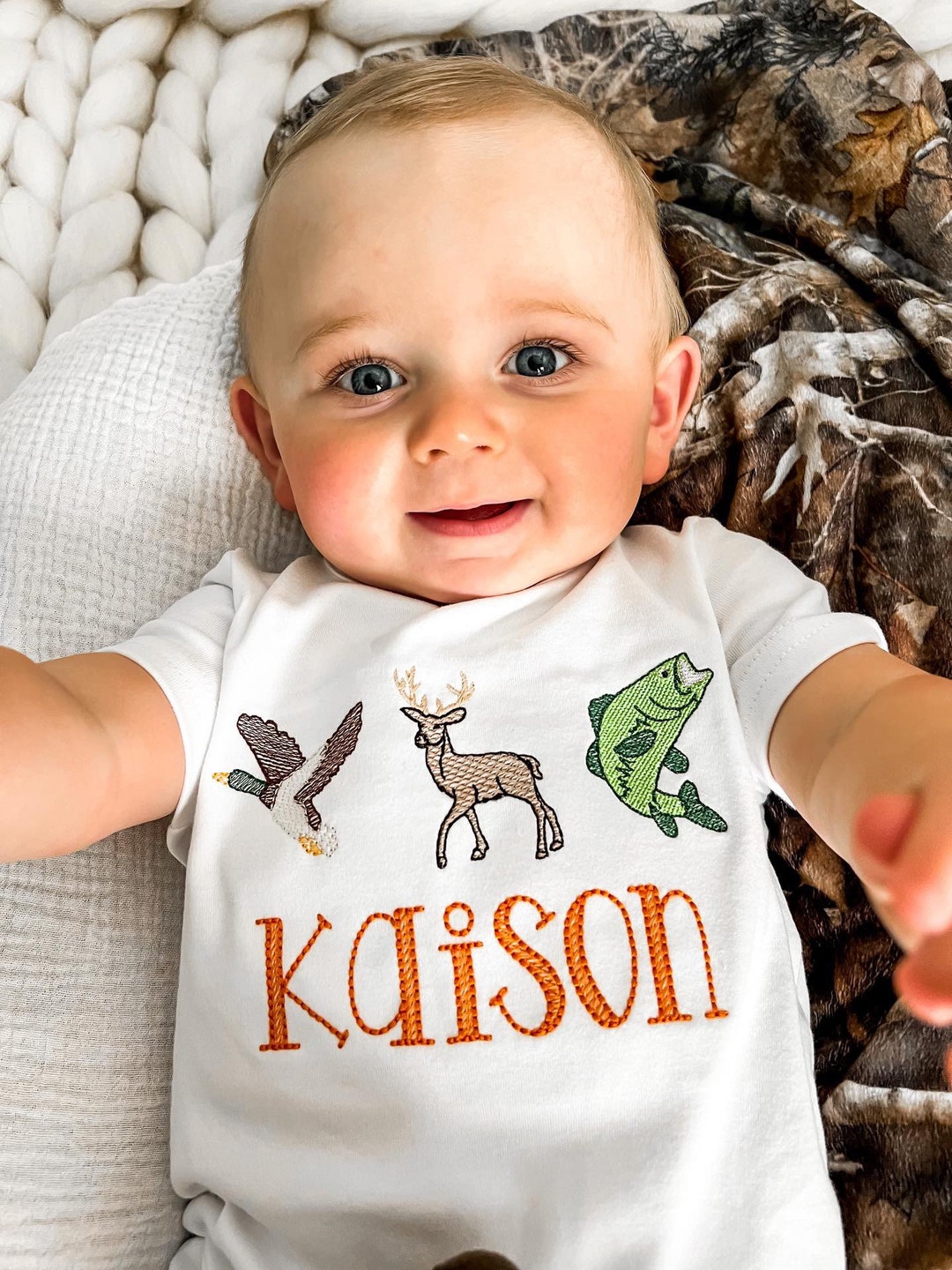 Embroidered Hunting Romper,duck,deer& Fish Shirt,bass Shirt,baby Boy