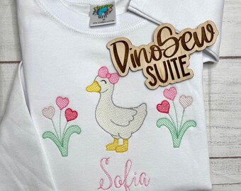 Embroidered Goose with Heart Flowers Shirt, Valentine Goose Outfit, Cute Goose Bodysuit, Personalized Kids Valentine Shirt, Spring Goose Top