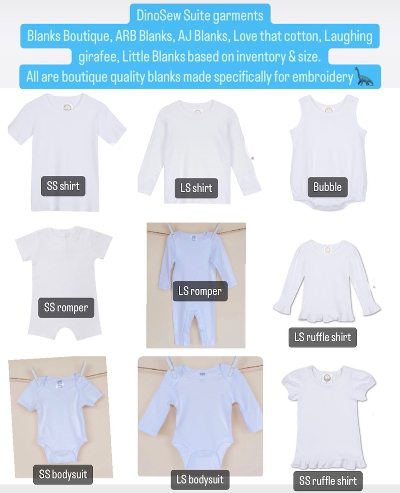 May include: A set of nine white blank apparel items for embroidery, including shirts, rompers, and bodysuits. The items are arranged in a grid with the names of each item listed below. The text "DinoSew Suite garments" is at the top of the image.