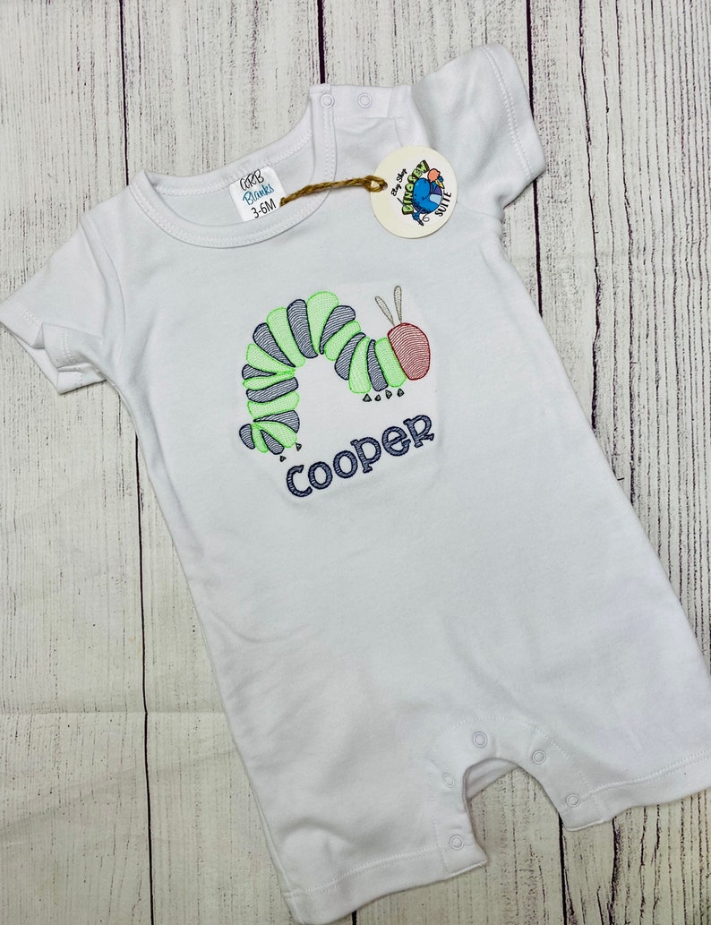 Embroidered Caterpillar shirt,Custom caterpillar romper,Personalized Bug bubble,Very hungry bodysuit,boy outfit,toddler,Bug themed shirt image 5