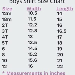 May include: A Boys Shirt Size Chart with measurements in inches. The chart lists sizes from 12m to 12, with corresponding width and length measurements. The width measurements range from 10.5 inches to 16 inches, and the length measurements range from 14 inches to 22 inches.