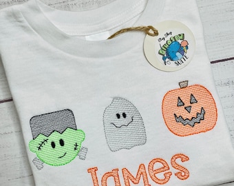 Embroidered Halloween shirt,Custom Halloween themed romper,Personalized Frankenstein, pumpkin & ghost romper,toddler,baby outfit