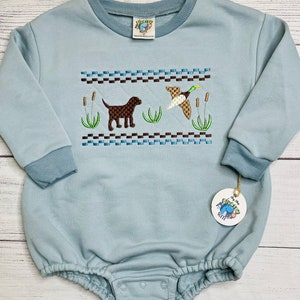 Embroidered hunting sweatshirt bubble, Faux smocked duck & lab outfit,Boy dog baby hunting outfit,Duck hunt bubble,faux smocked lab and duck