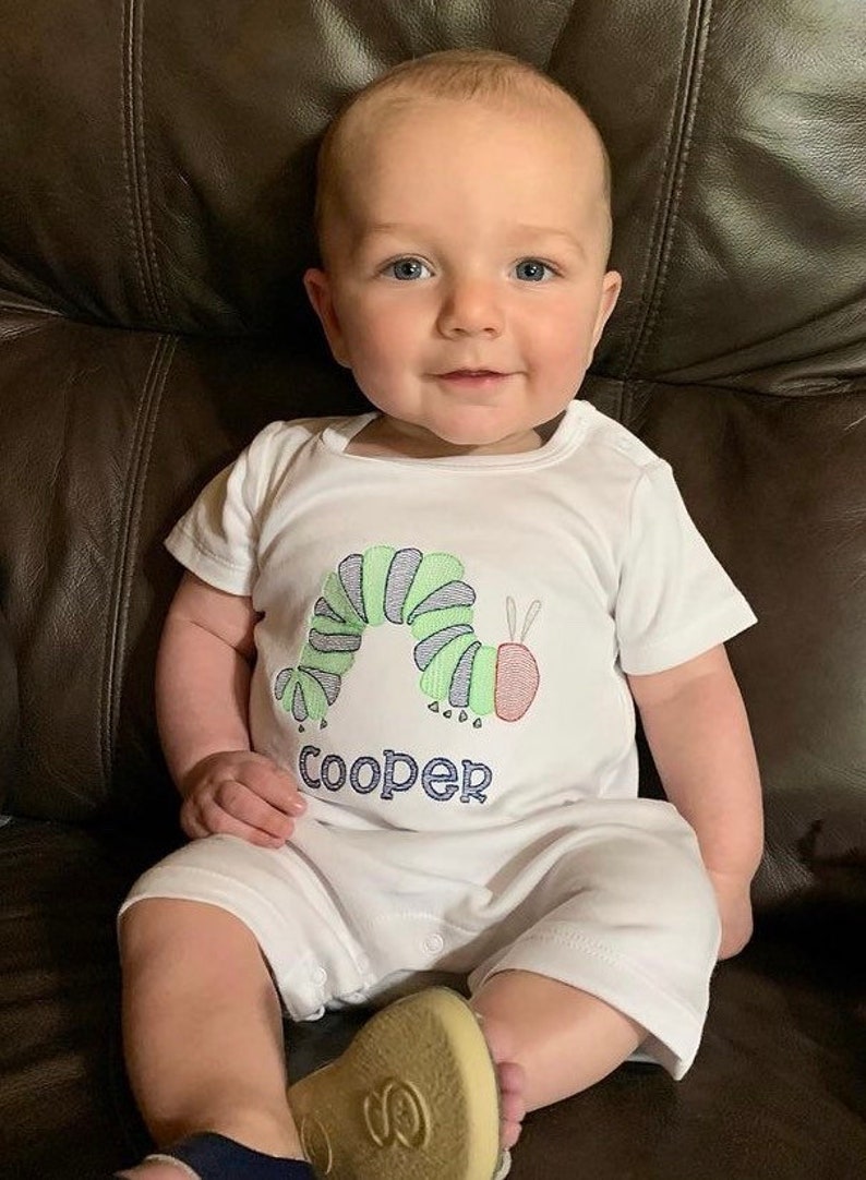 Embroidered Caterpillar shirt,Custom caterpillar romper,Personalized Bug bubble,Very hungry bodysuit,boy outfit,toddler,Bug themed shirt image 1