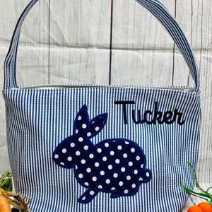 Monogrammed Easter basket,Personalized Seersucker Easter tote,Customized bunny bucket,Kids egg basket,Toddler Bunny applique bag,Seersucker