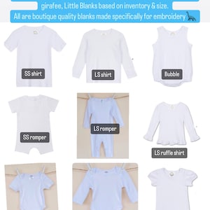 Peut inclure: Collection de v&ecirc;tements blancs pour b&eacute;b&eacute;s et tout-petits, comprenant des chemises &agrave; manches courtes et longues, des barboteuses, des bodies et des chemises &agrave; volants. L'image comprend le texte "DinoSew Suite garments" et mentionne diverses marques.