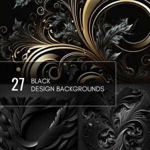 Könnte beinhalten: Eine Sammlung von 27 schwarzen Design-Hintergründen mit filigranen Mustern und Texturen. Die Hintergründe umfassen florale Designs, geometrische Formen und abstrakte Muster.