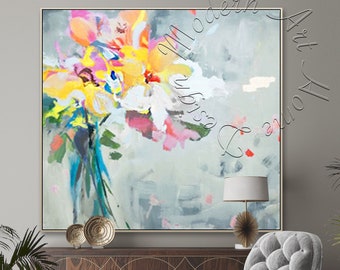 Framed Floral Abstract Painting: Large Modern Canvas Wall Art