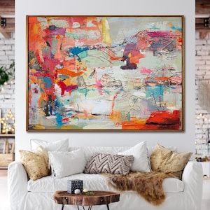 Large Abstract Painting, Framed Oversize Canvas, Original Modern Wall Art Colorful Happy Abstract Canvas Contemporary Decor, Canvas Wall Art
