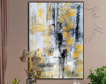 Large Black & Yellow Abstract Painting: Framed Modern Canvas Art