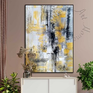 Large Black & Yellow Abstract Painting: Framed Modern Canvas Art