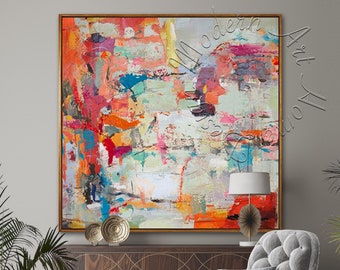 Large Abstract Painting, Framed Oversize Canvas, Original Modern Wall Art Colorful Happy Abstract Canvas Contemporary Decor, Canvas Wall Art