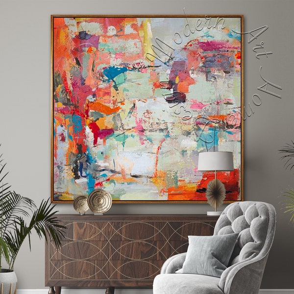 Large Abstract Painting, Framed Oversize Canvas, Original Modern Wall Art Colorful Happy Abstract Canvas Contemporary Decor, Canvas Wall Art
