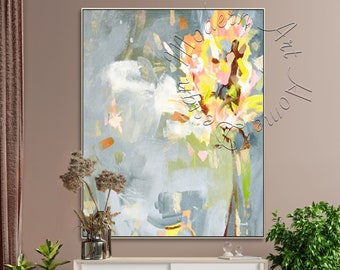 Framed Floral Abstract Painting: Large Modern Canvas Wall Art