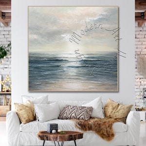 Large Seascape Abstract Canvas Painting Framed Original Modern Wall Art Abstract Oversize Canvas Contemporary Decor Abstract Painting imagem 4