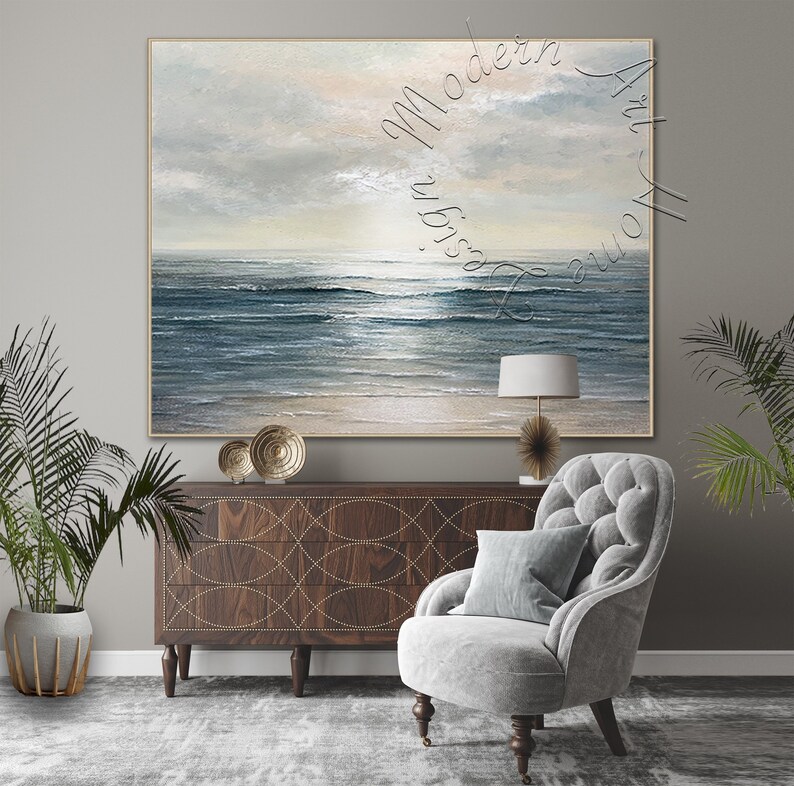 Large Seascape Abstract Canvas Painting Framed Original Modern Wall Art Abstract Oversize Canvas Contemporary Decor Abstract Painting imagem 1