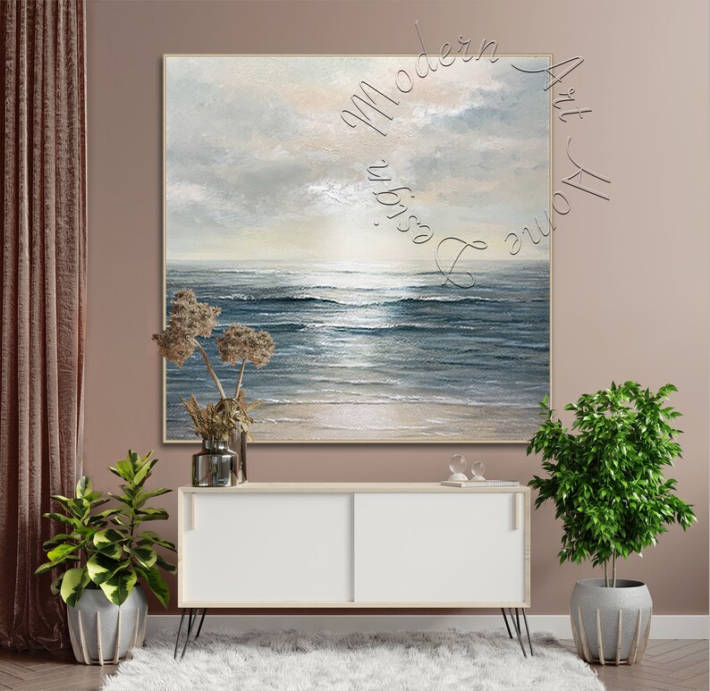 Large Seascape Abstract Canvas Painting Framed Original Modern Wall Art Abstract Oversize Canvas Contemporary Decor Abstract Painting imagem 3