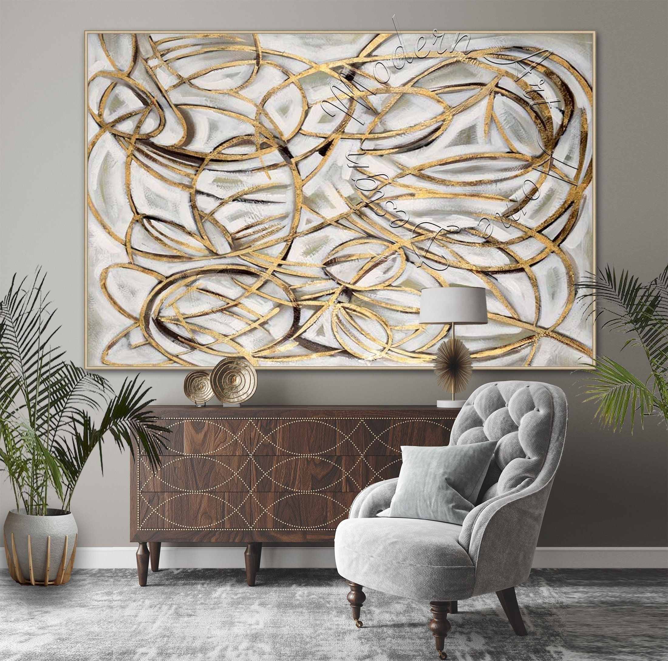 Framed Gold Leaf Abstract Painting: Large Modern Canvas Art
