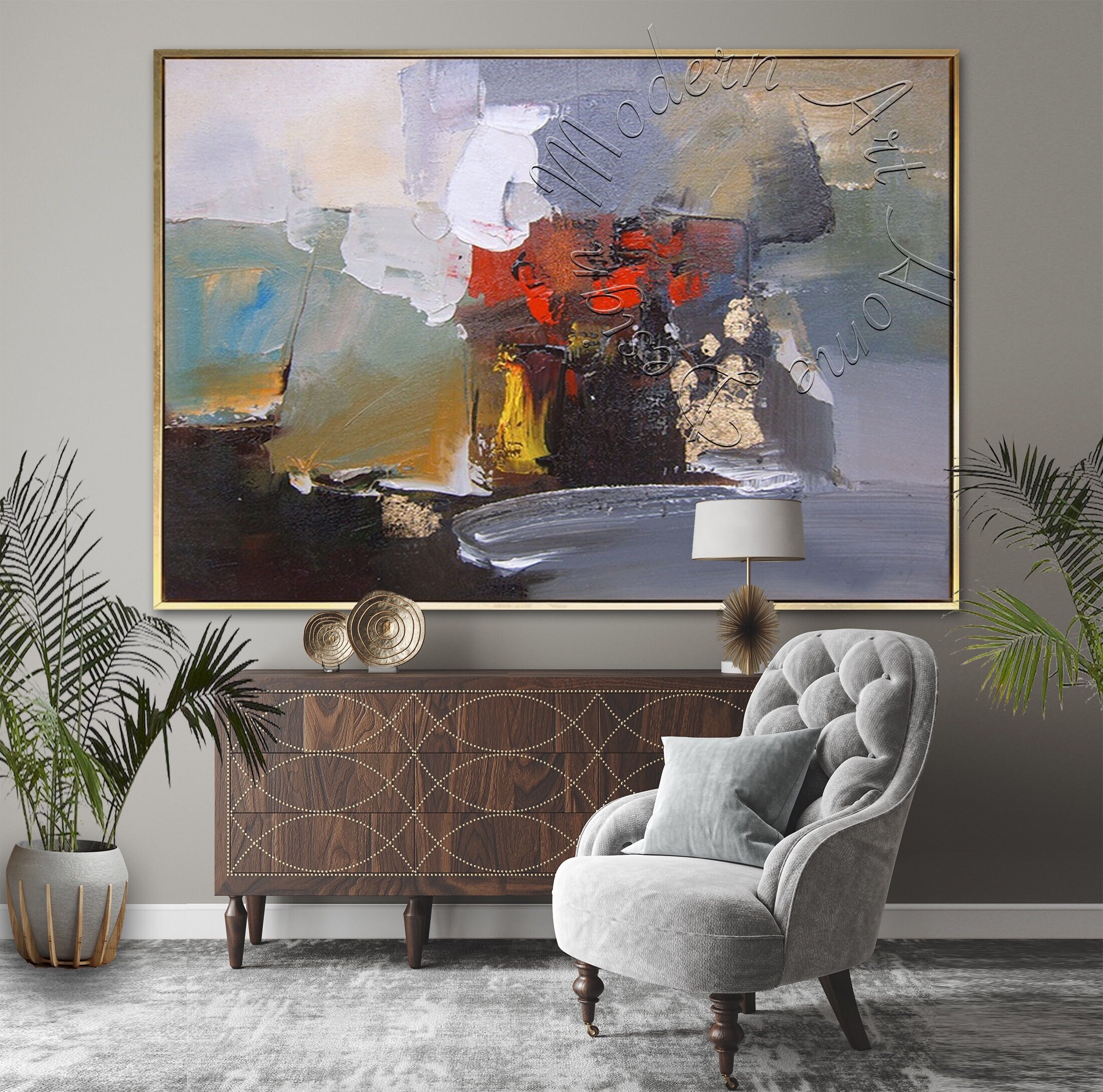 Framed Abstract Canvas Painting, Large Original Modern Wall Art ...