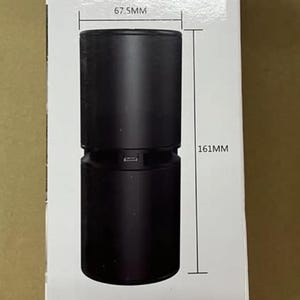 May include: Black cylindrical air purifier with the text "Product Parameter". The device is 67.5MM wide and 161MM tall. Features include 12 million anions, dust/smoke elimination, and high-efficient purification.