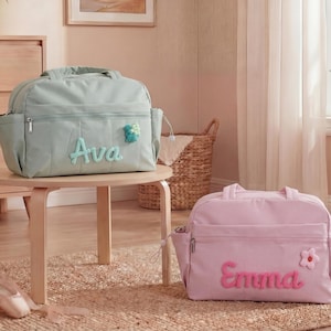 Custom Chenille Letter Duffle Bag, Kids Gymnastics Dance Bag, Dual Handle Side Pockets