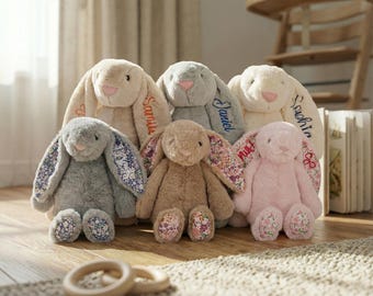 Embroidered Bunny Stuffed Animal | Cute Plush Rabbit Doll | Flower Girl Gift for Toddler | Wedding Party Favor | Custom Easter Toys