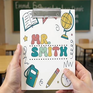 Personalized Teacher Clipboard: Watercolor School Theme, Custom Name
