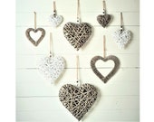 Large Medium Small Wicker Rattan Bead Hanging Heart Filled Wreath Shabby Chic Vintage