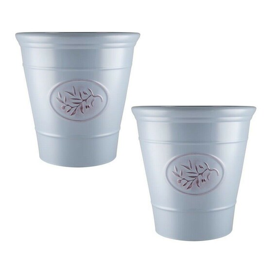 Set of 2 Olive Blue Plastic Plant Pot 23cm Gloss Tall 6L Round Etsy