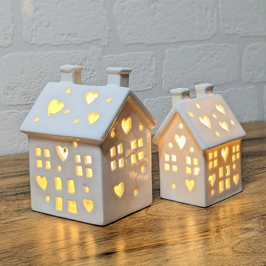 White Ceramic Warm LED Light up House Heart Christmas Etsy