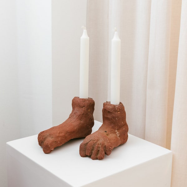 2 clay candlesticks - Hand made vintage from 1970s in the form of feet