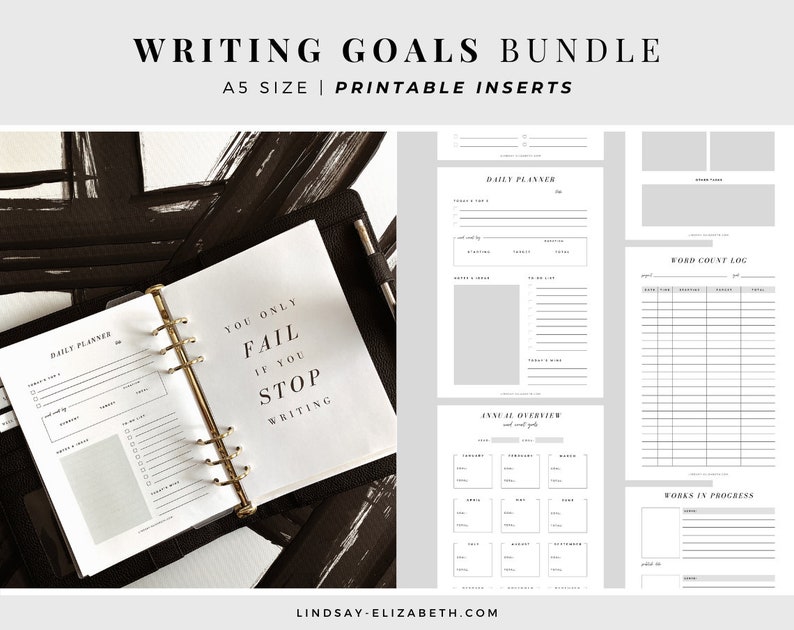 Writing Goals Bundle, A5 Printable PDF Inserts Project Goals Word Count Tracker NaNoWriMo Tracker Planner for Authors & Writers image 1