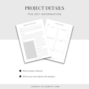 May include: A printable worksheet with two sections: "Project Details" and "Love Lists". The "Project Details" section includes fields for project name, summary, notes, and main deliverables. The "Love Lists" section has four boxes for listing what you love about the project.