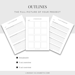 May include: A printable worksheet with three sections: a storyboard, a 3-act overview, and a 5-act overview. The worksheet is designed to help you plan and outline your project.