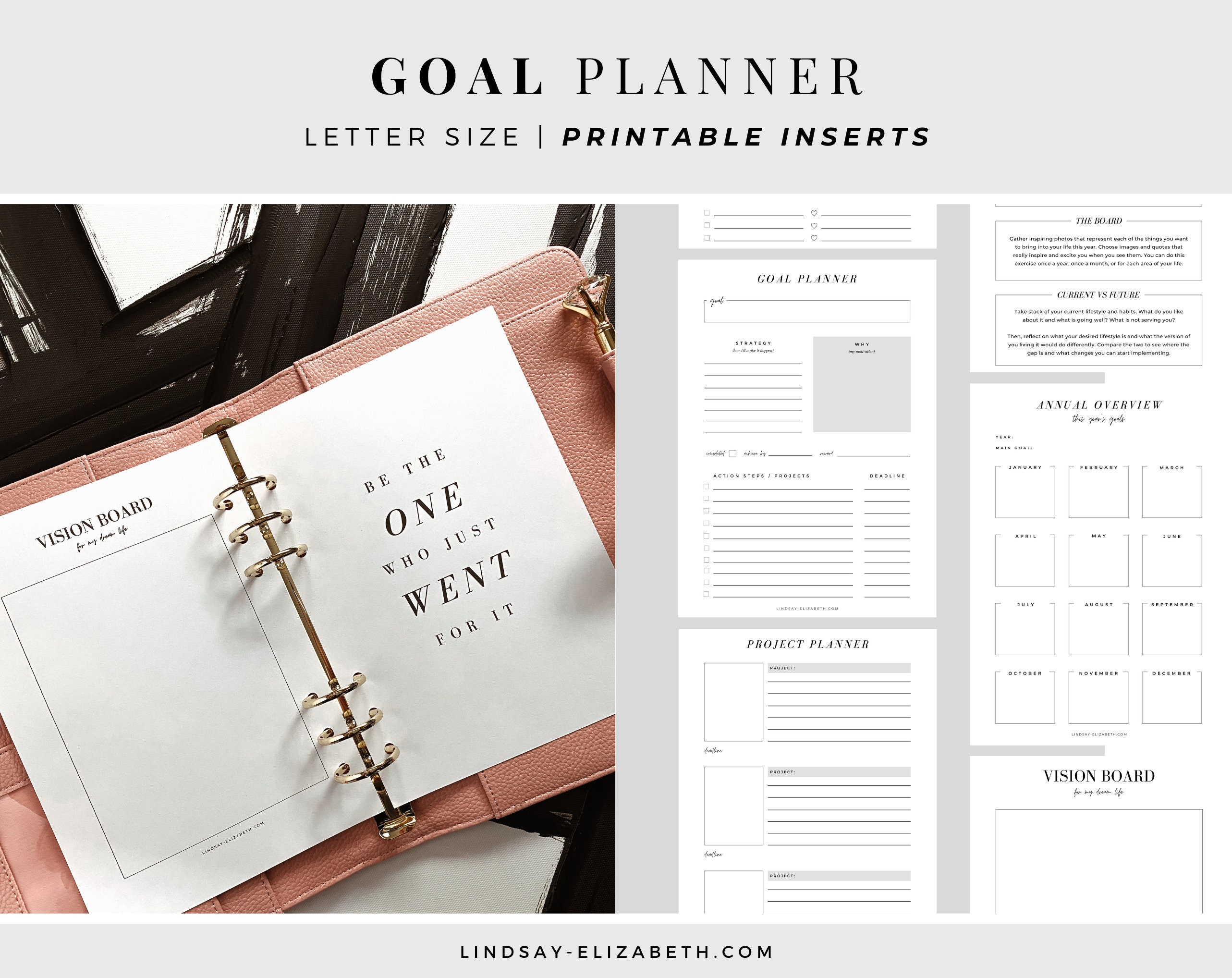 Goal Planner, Letter Size Printable PDF Inserts Project Goals Goal Tracker Visualization Vision Board Habit Tracker
