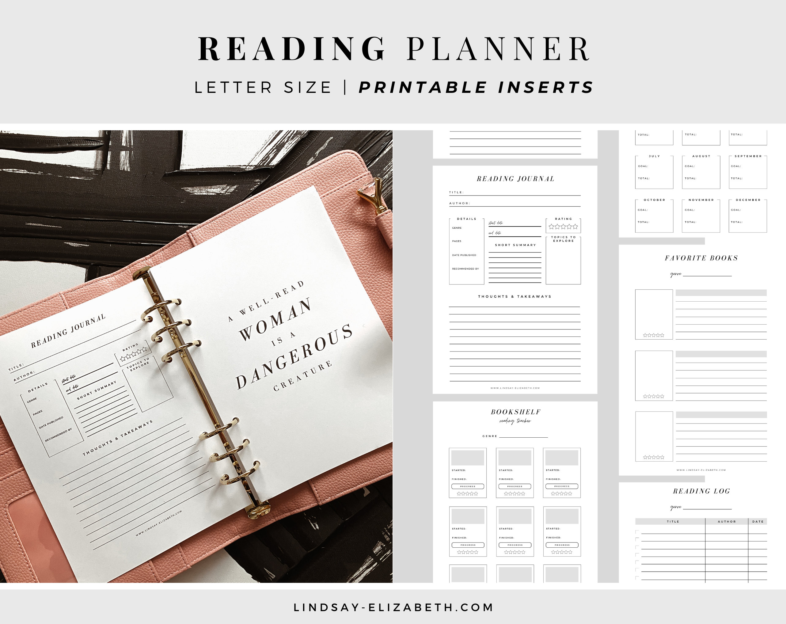 Reading Journal, Letter Size Printable PDF Inserts Aesthetic Book Lover's Planner Book Planner Inserts Reading Log Reading Tracker