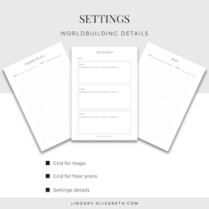 May include: Three printable pages for worldbuilding, with titles "Floor Plan", "Settings", and "Map". Each page has a dotted grid for drawing and writing.