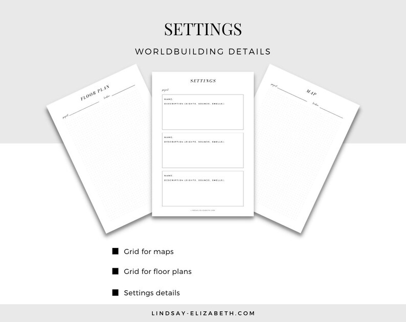 May include: Three printable pages for worldbuilding, with titles "Floor Plan", "Settings", and "Map". Each page has a dotted grid for drawing and writing.