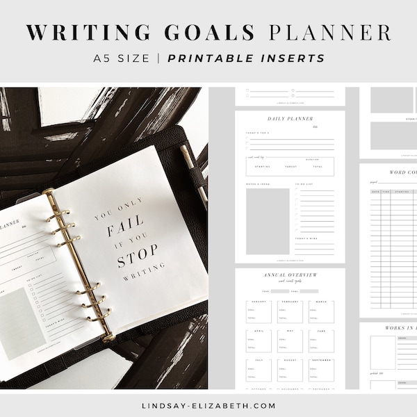 Writing Goals Planner, A5 | Printable PDF Inserts | Project Goals | Word Count Tracker | NaNoWriMo Tracker | Planner for Authors & Writers