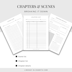 May include: Printable planner pages for organizing chapters and scenes of a book. The pages include sections for chapter title, summary, scene list, and character details.