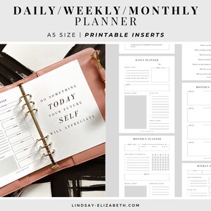 Planificador diario, semanal y mensual, tamaño A5, insertos en PDF imprimibles, planificador diario estético, planificador mensual, planificador semanal, páginas diarias